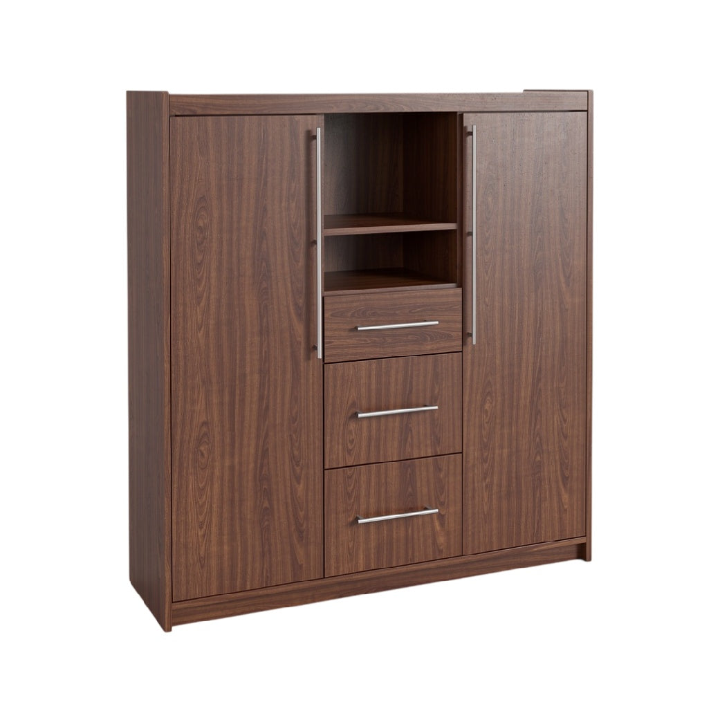 Meuble de rangement en bois avec tiroirs et étagères